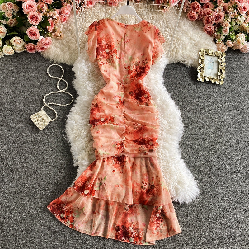 Vintage V-Neck Printed Chiffon Drawstring Mermaid Midi Dress Women Elegant High Waist Ruffle Vestidos Fashion Spring Summer