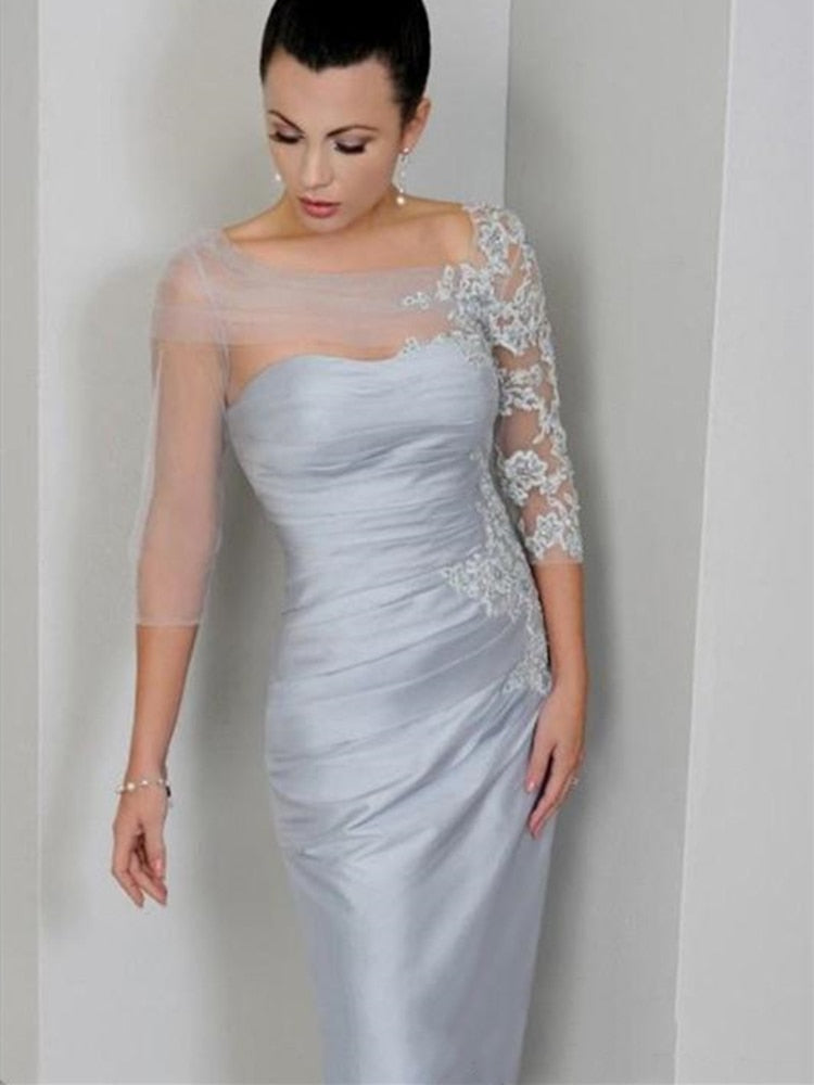 sixsr New Silver Grey Mother of the Bride Dress 3/4 Long Sleeve Lace Tulle Satin Pleated Wedding Party Gown Evening Formal dress