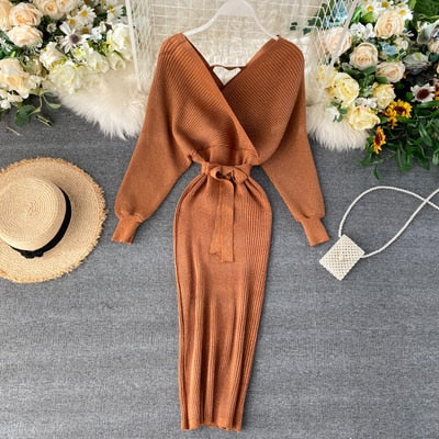 Sixsr Sparkling Sexy Party Dress Woman Sweater Elegant Slim V-Neck Basic Knitted Green Vintage Dresses Female Autumn Winter Bat Sleeve