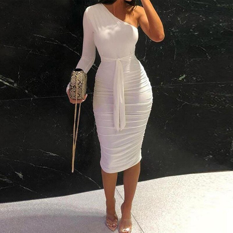 sixsr Women Clothing Asymmetric Collar High Waist Robe Slit Dress Chic Solid Short Sleeve Elegant Fashion Prom Banquet Dress New