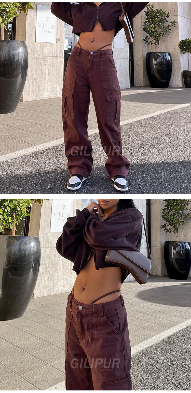 Sixsr Y2k Cargo Pants Women's Jeans New Fashion Baggy Jeans Denim Overalls 90s Low Rise Pocket Straight Leg Trousers Streetwear