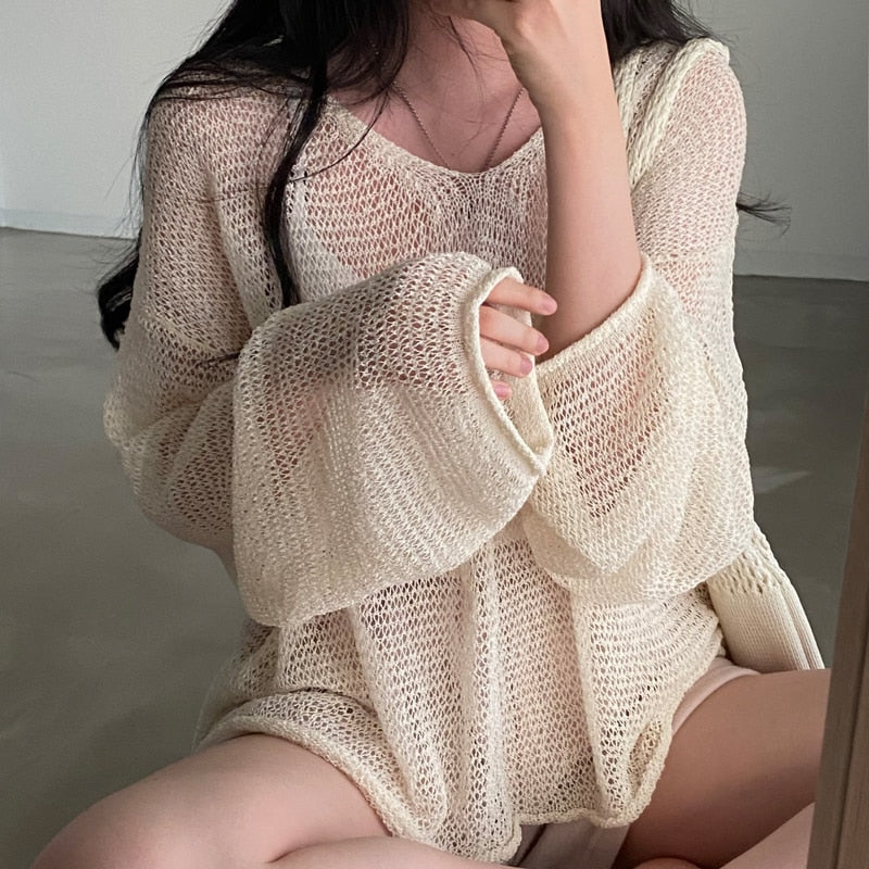 Sixsr Lazy Style Full Sleeves Jumpers Tops Hollow Out Sexy Women Fashion Casual Streetwear Chic Femme Sweaters Pullovers