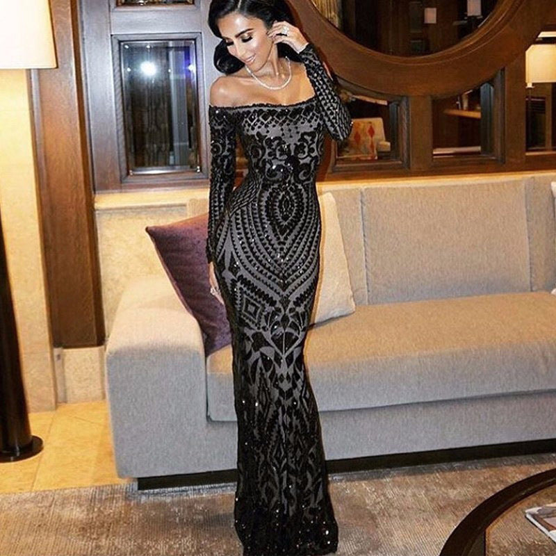 Sixsr Slash Neck Slim Lace Fishtail Dress Party Women Elegant Long Sleeve Embroidered White Dresses Woman Evening Bride Smaid Vestidos