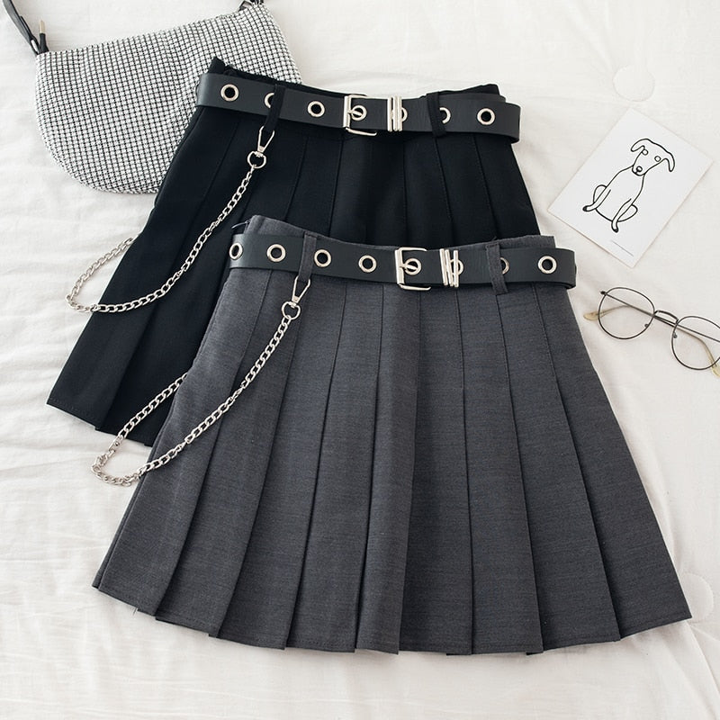 Sixsr Black Pleated Skirt With Chain-Belt Punk Rock Girl Cheerleading Belted Mini Skirt Alt Women e-girl Outfit