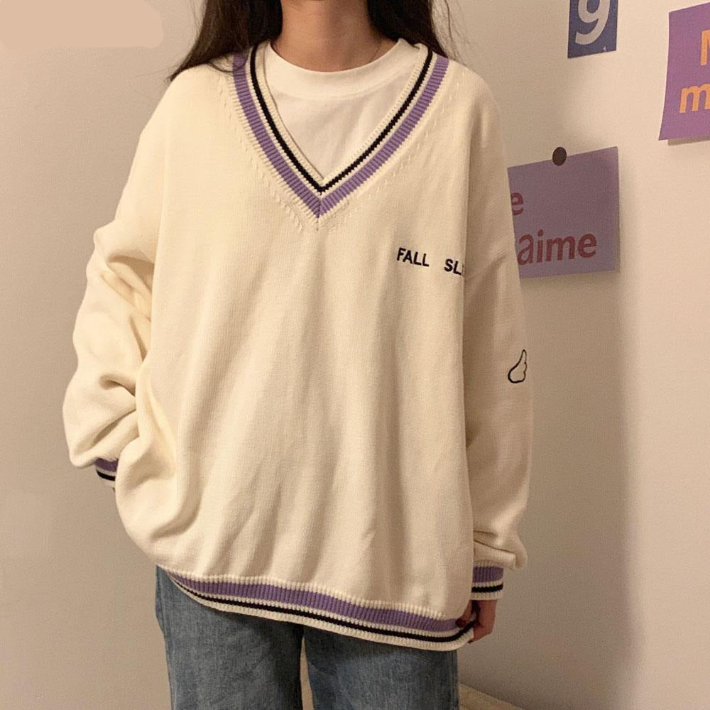 Sixsr  Fashion Trends Sweaters Women Ulzzang Letter Chic Vintage V-neck Daily Oversize Preppy Girls Knitwear Fall Casual All-match Ins Womens Sweater
