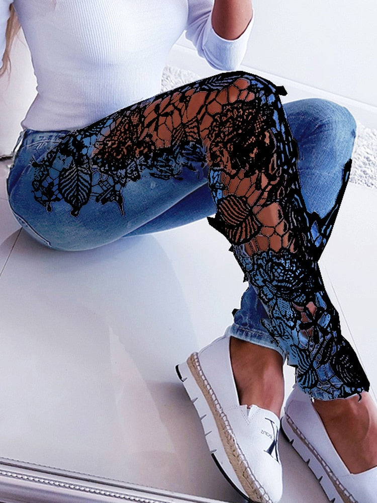 Plus Size 3XL Lace Floral Crochet Hollow-Out Jeans Autumn Women Elegant Sexy Denim Pencil