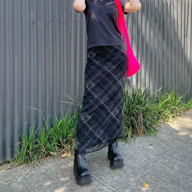 Sixsr Autumn Fairy Grunge Long Tulle Skirts Women Kawaii Plaid Black Skirt Harajuku Low waisted Skirt Korean Fashion