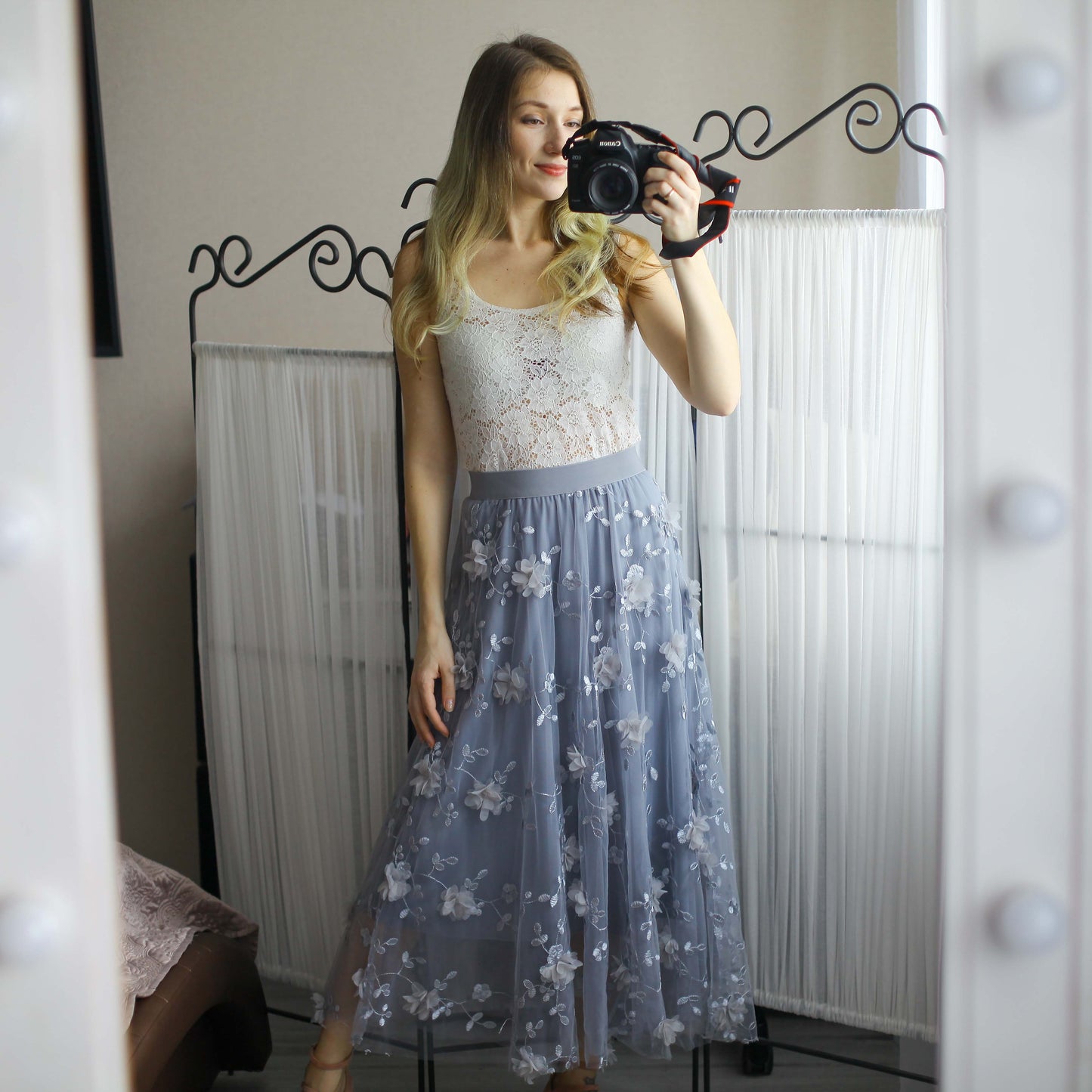 sixsr Luxury Woman Skirts Korean style Fashion Elastic Waist Appliques Embroidery Floral Mesh Skirt Long Gauze Ball Gown Skirt