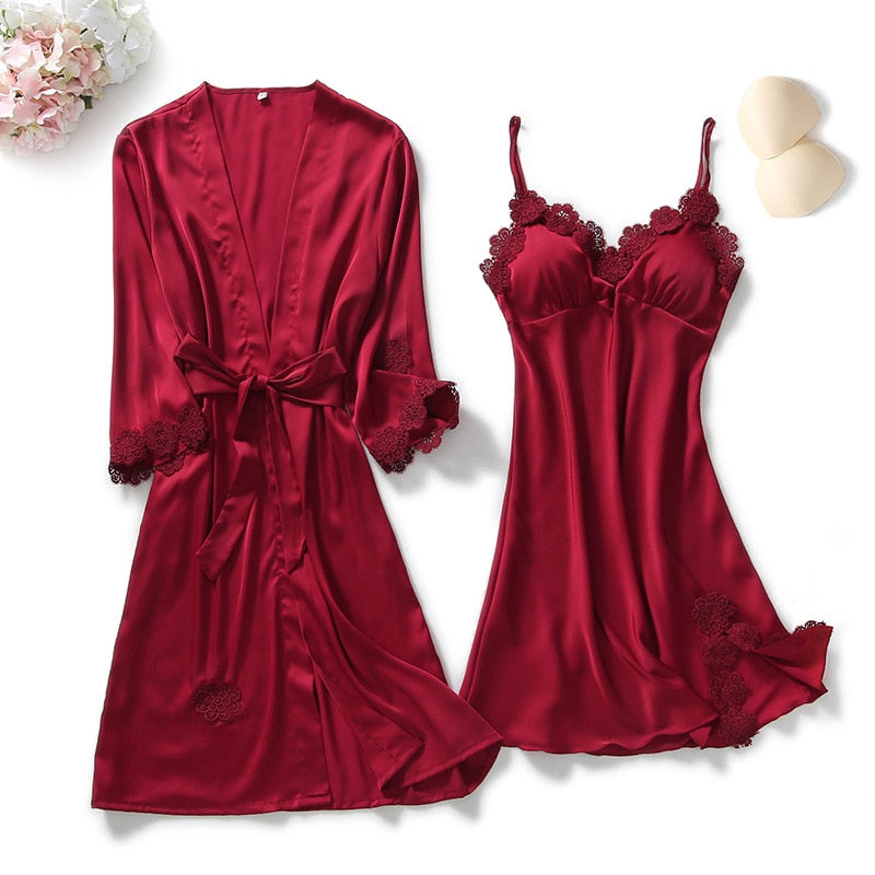 Yellow Robes Suit Autumn Women Nightgown Sets 2 Pieces Nightdress Bathrobe With Chest Pad Female Satin Kimono Bath Gown Sleepwea