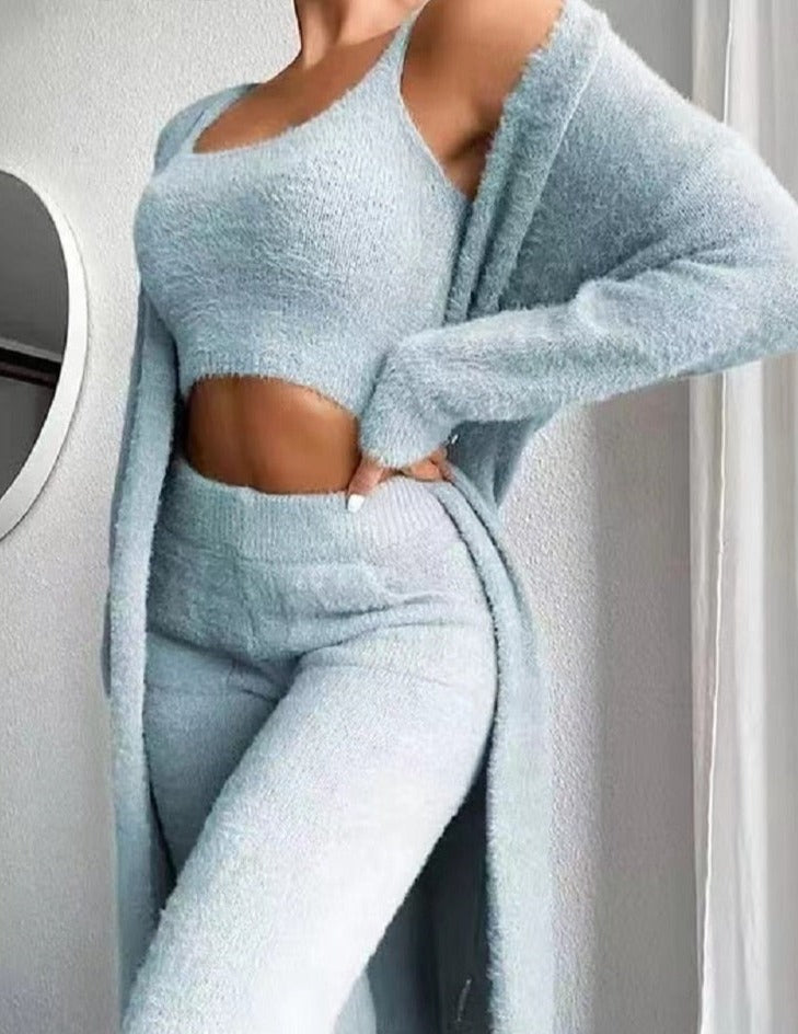 Sixsr Brand quality Autumn Winter Fur 3 Piece Outfits Sexy Backless Crop Tops Women Lingerie Home Service Lounge Wear Sets Tracksuit Fleece Pyjamas