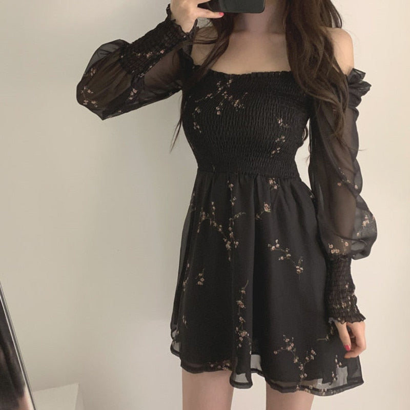 Spring Womens Sexy Black Dress Vintage Flower Long Puff Sleeve Chiffon Dresses Korean Casual Mini Vestidos Mujer Clothes