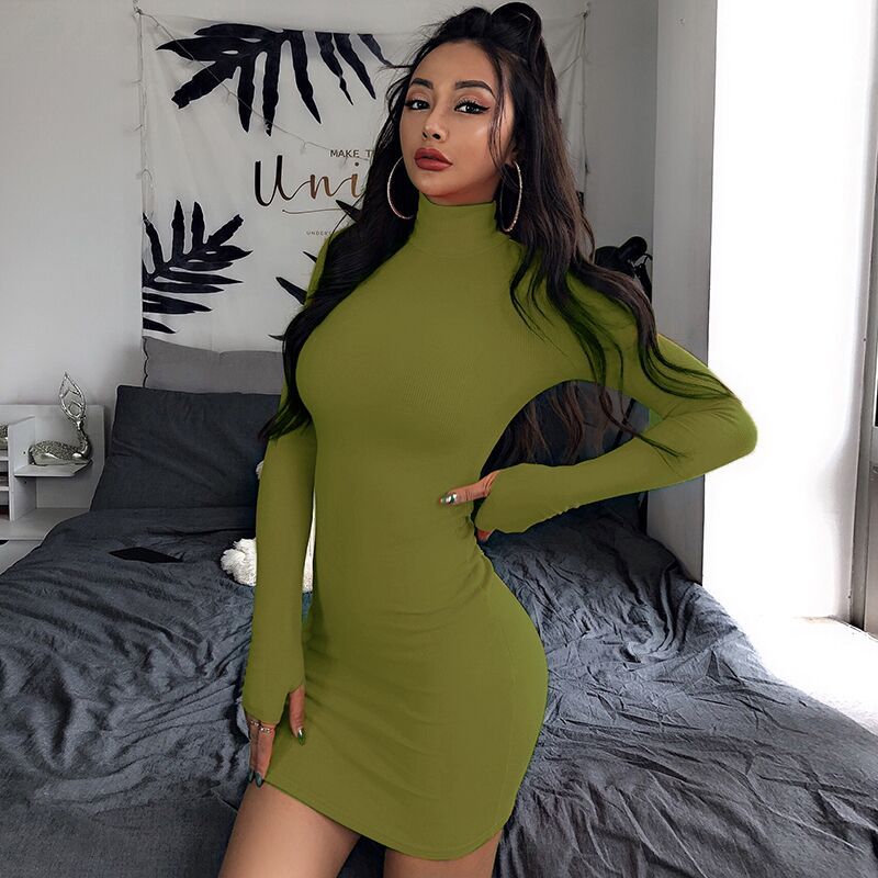 Sixsr Autumn Long Sleeve Bottom Dress for Women High Collar Temperament Solid Color Dress Bodycon Mini Dresses Female Harajuku