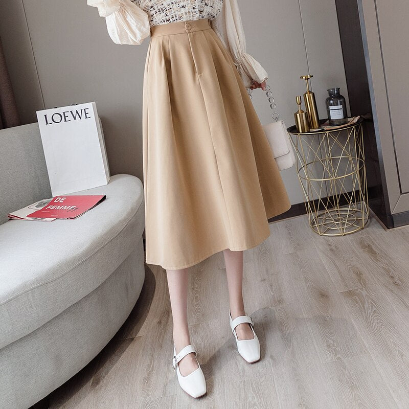 sixsr  New Spring Summer High Waist Midi Skirt Women Casual Pocket Solid Color Loose A-Line Umbrella Skirt Female Petticoat