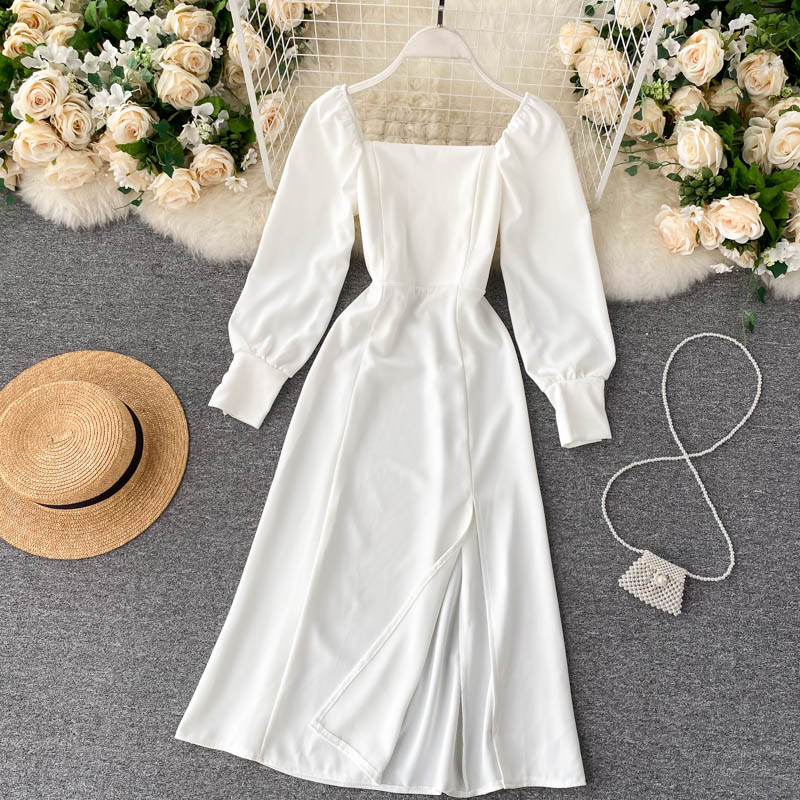 Sixsr Women Autumn New Split Dress French Retro Square Collar Waist Hugging Slim Puff Sleeve Beading Midi Dress Female Vestidos PL487