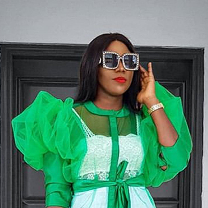 Sixsr African Women See Through Party Dresses Sexy Plus Size Maxi Cover Up Dress Lantern Sleeve Cardigan with Belt Fashion Spring