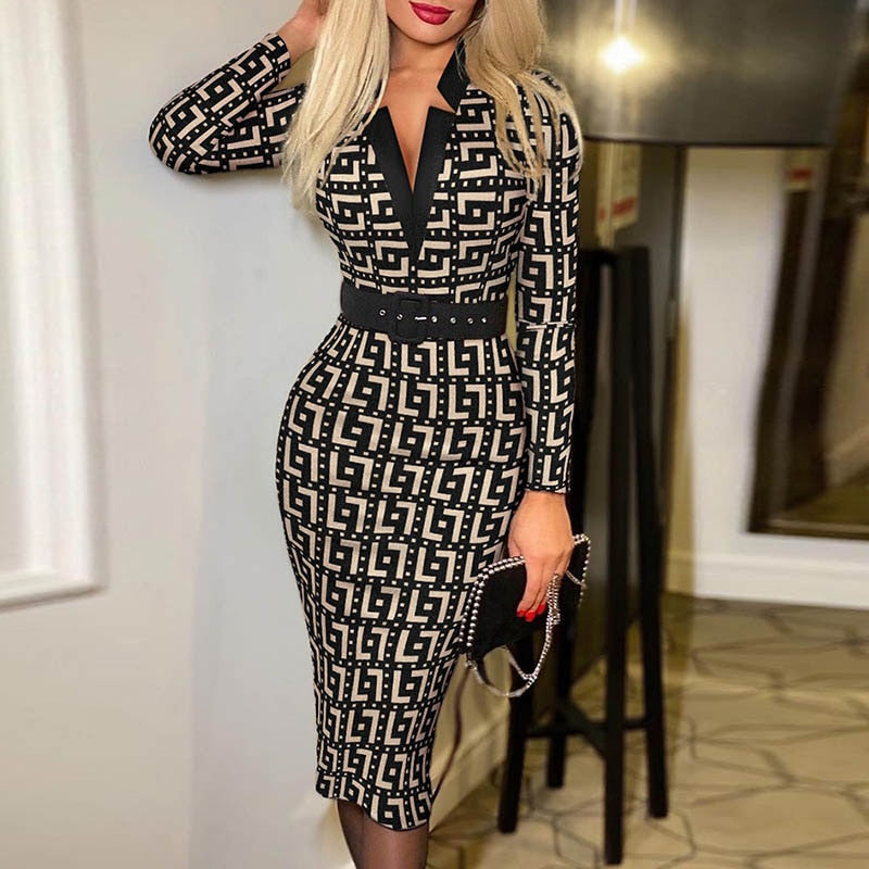 Sixsr Trends Fashion Vintage Women Pattern Print Office Dresses Spring Autumn V-neck Long Sleeve Slim Bodycon Midi Dress Elegant Ladies Belt Vestidos