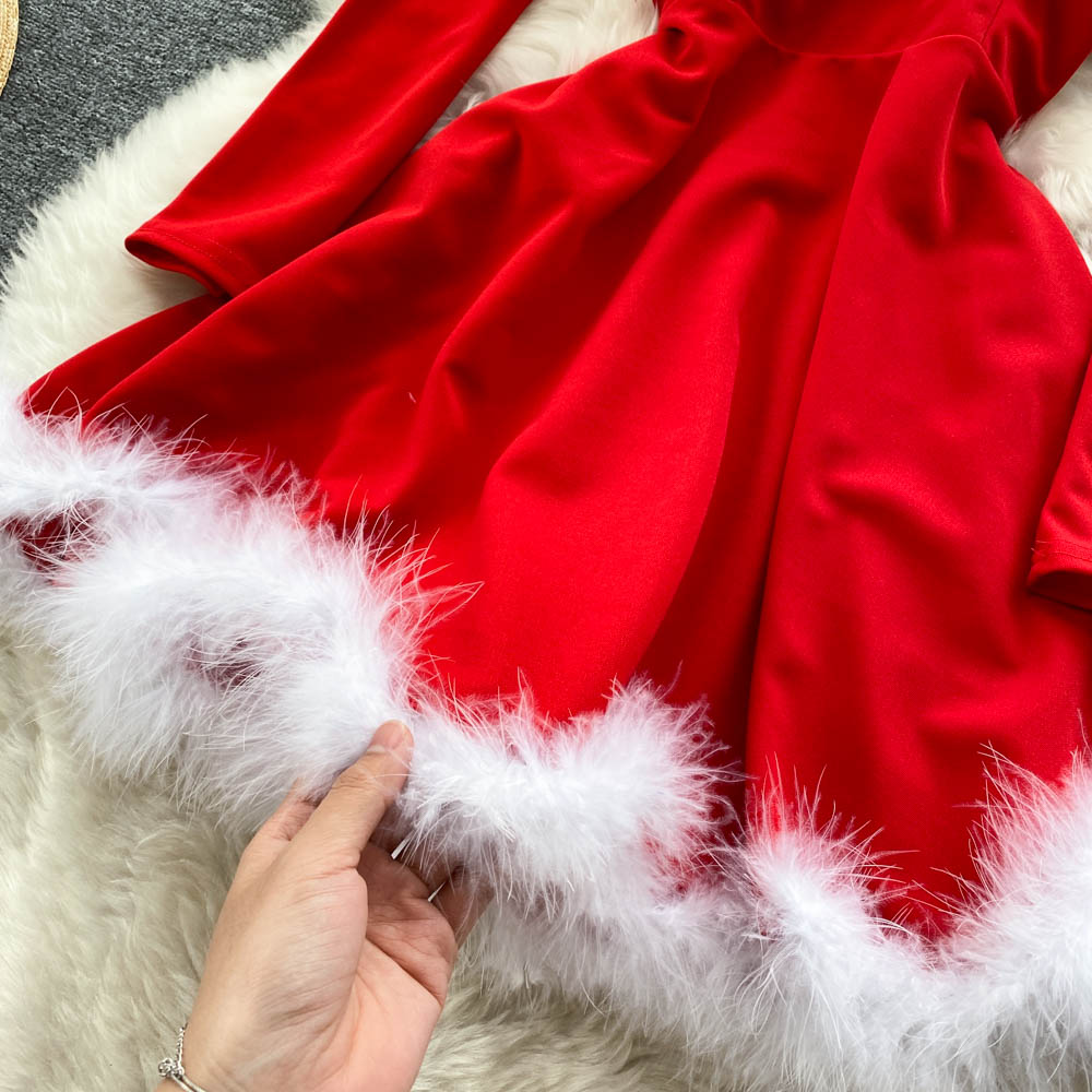 Sixsr Gifts For Women Elegant Dress For New Year Strapless Backless Furry Sexy Short Mini Christmas Dress Navidad Red Party Dress Femme