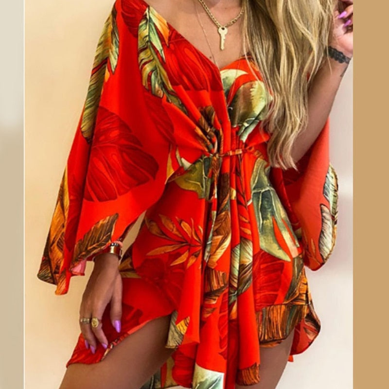 sixsr Summer Outfits Casual Leaf Leopard Print Harajuku Batwing Sleeve Dress Lady Elegant Lace-Up Irregular Party Dress Sexy V-Neck Women Mini Dress