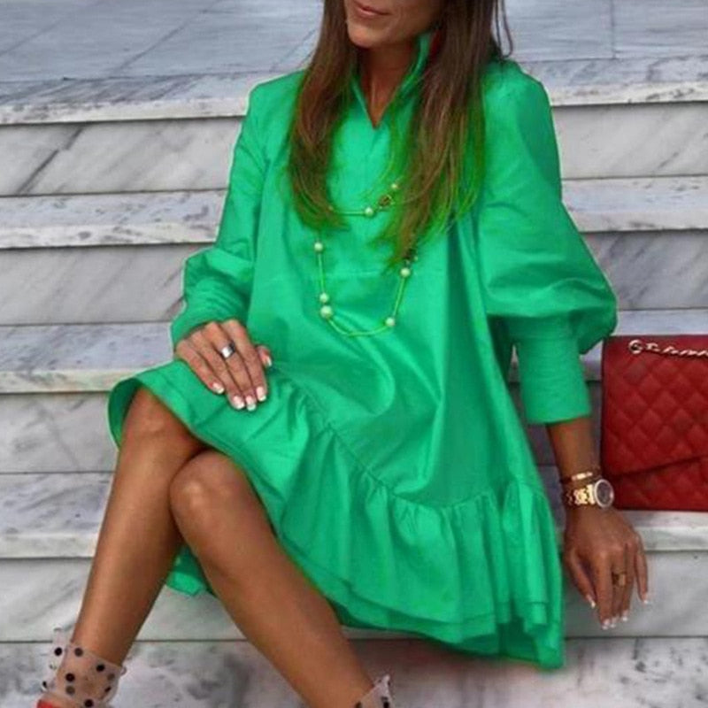 Women Autumn Spring Vintage Mini Cupcake Dress V Neck Long Lantern Sleeve Back With Ruffles Korean Style Elegant Red Dress