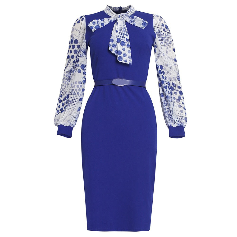 Sixsr African Fashion Women Dresses Office Style Dot Patchwork Bow High Waist Bodycon Mid Calf Elegant Business Work Wear Vestidos New