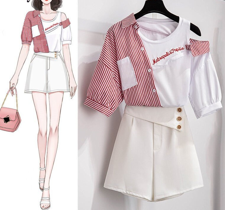 Sixsr 2 pieces shorts sets summer Sweet Korean off shoulder striped patchwork tops and shorts 2 pieces sets women two pieces outfits