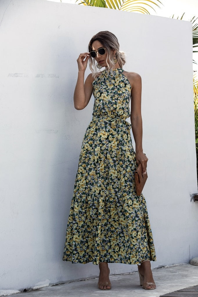 Sixsr Summer Elegant beach Women Dress long Print Flowers Polka-dot strap Ladies Halter boho Dress Vintage party ladies Dress