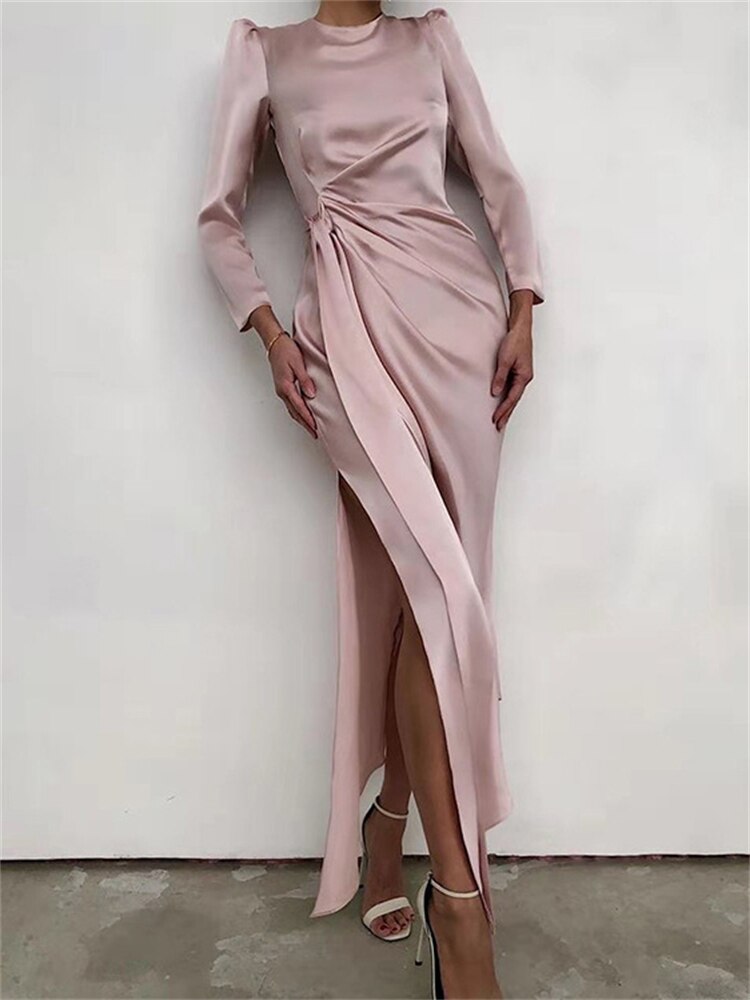 Sixsr Long Sleeve O Neck Satin Split Women Maxi Dress Autumn Winter Fashion Sexy Elegant Party Club Women's Dresses