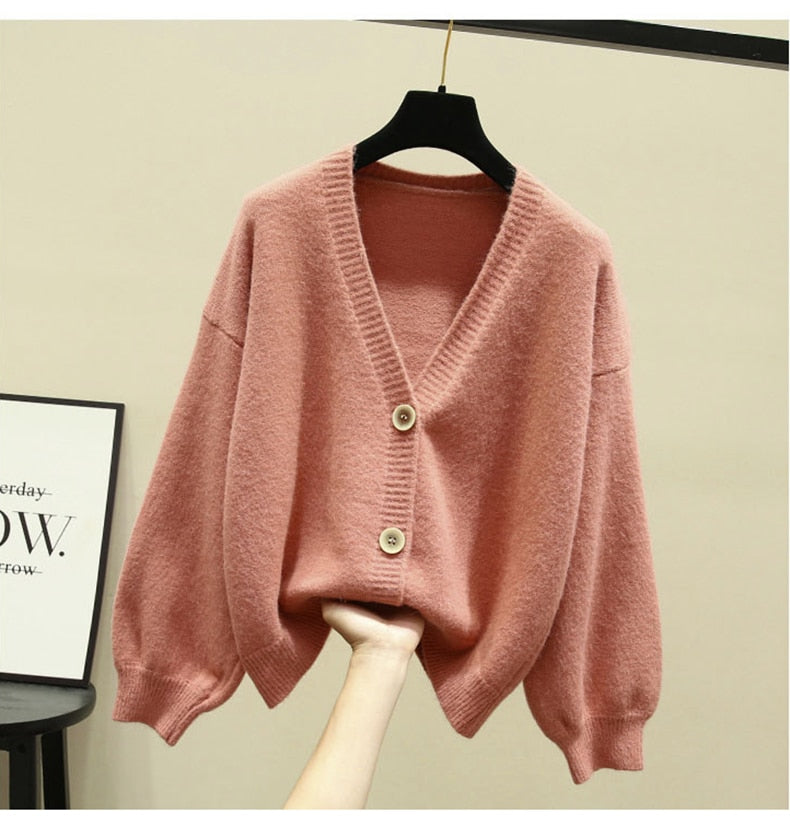 Sixsr Oversized Cardigan Women Spring Casual Solid V Neck Long Sleeve Cardigan Sweater Female Knit Jacket Coat Green Pink
