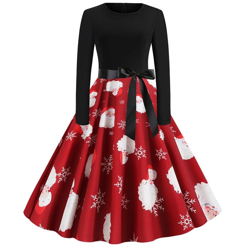 Sixsr Winter Christmas Dresses Women 50S 60S Vintage Robe Swing Pinup Elegant Party Dress Long Sleeve Casual Plus Size Print Black