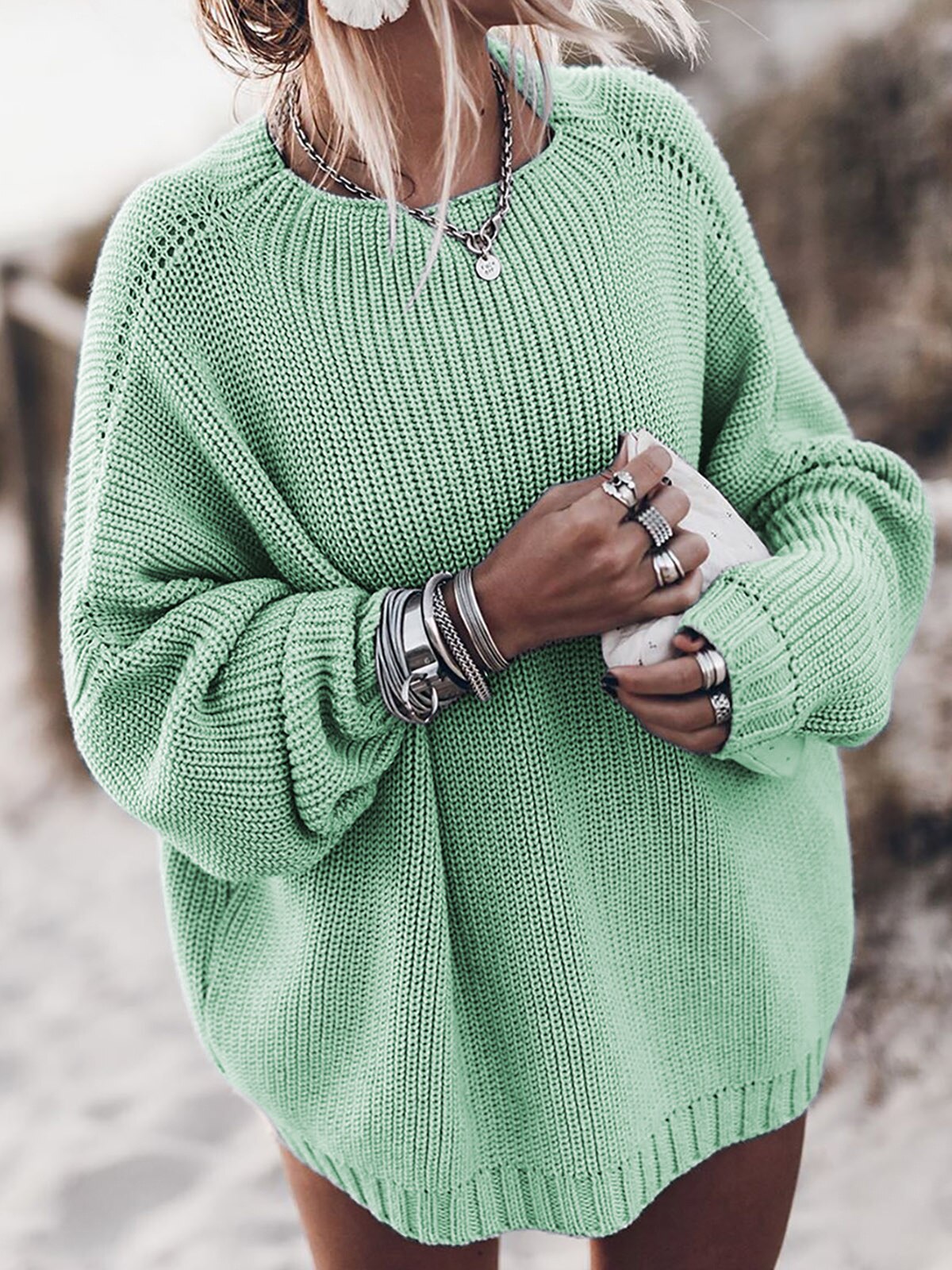 Sixsr plus size oversized sweater fall sweater for women Solid pink blue khaki purple pullover Long sleeve loose knitted sweater