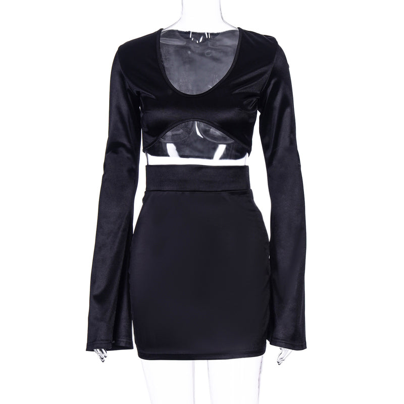 Sixsr Satin Flare Long Sleeve 2 Two Piece Matching Set Women Crop Top Skirt Autumn Winter Birthday Fashion Sexy Clothes