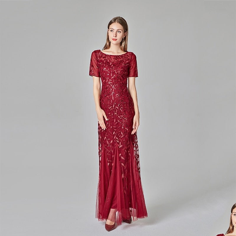 sixsr Plus Size Evening Dresses Mermaid O Neck Short Sleeve Lace Appliques Tulle Long Party Gown Robe Soiree Sexy Formal Dress vestido