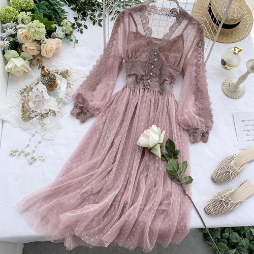 sixsr Women Mesh Lace Crochet Dresses V-neck Elegant Prom Puff Sleeves Dress Women Summer Dot Prom Party Sexy Slim Swing Long Dress