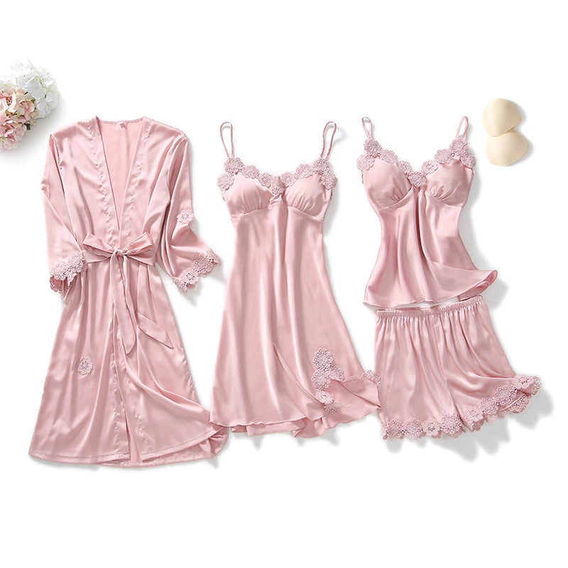 Yellow Robes Suit Autumn Women Nightgown Sets 2 Pieces Nightdress Bathrobe With Chest Pad Female Satin Kimono Bath Gown Sleepwea
