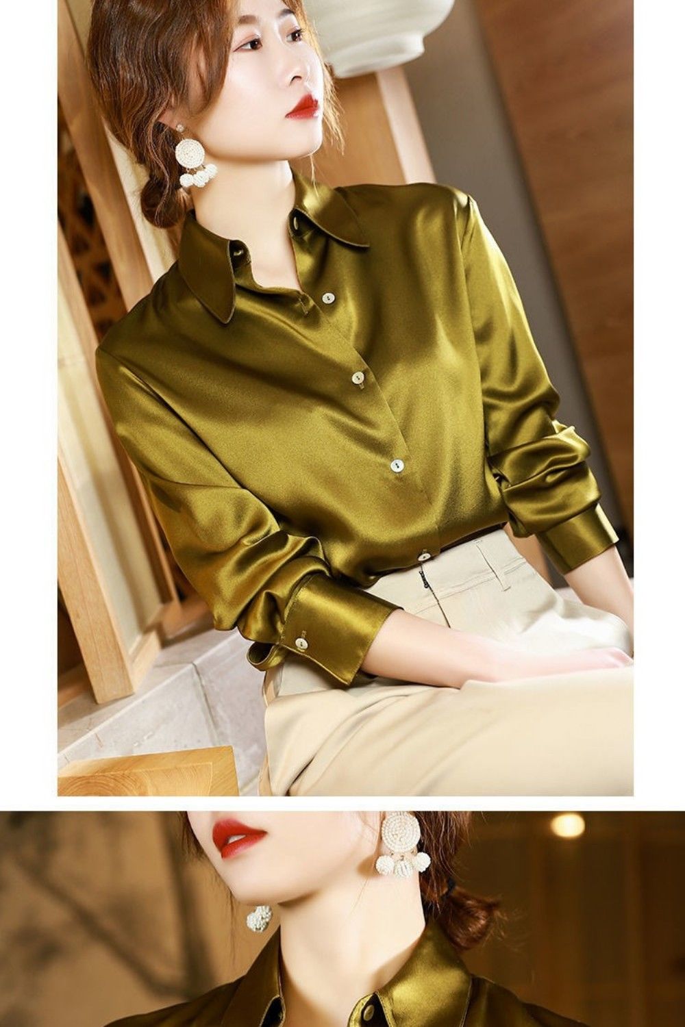 Sixsr Brand Quality Luxury Women Shirt Elegant Office Button Up Long Sleeve Shirts Momi Silk Crepe Satin Blouses for Women Fashion Business Ladies Top