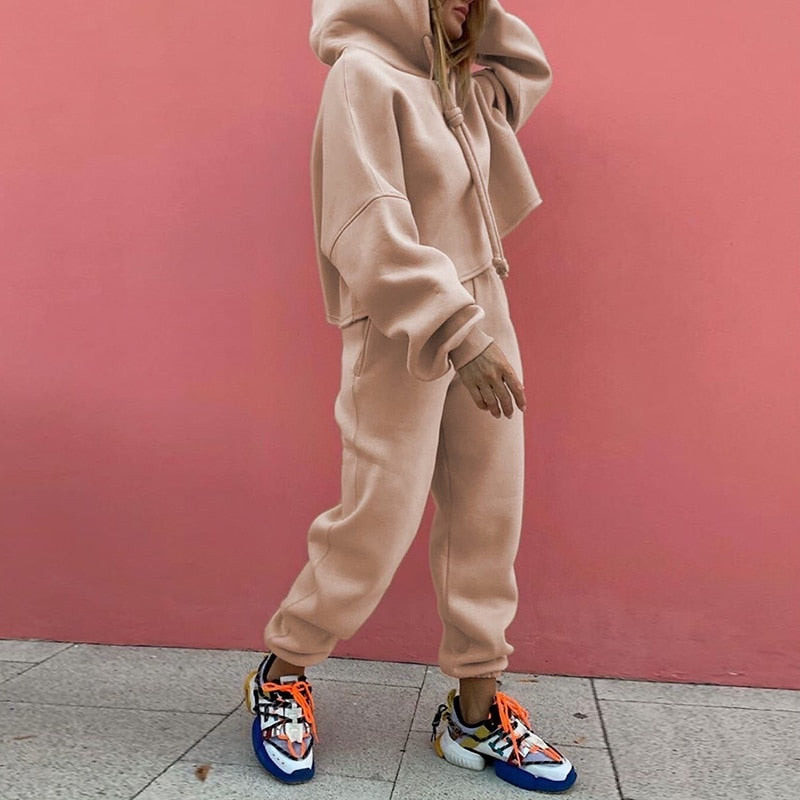 Sixsr  Fashion Loose Casual Hoodie Suit Two Piece Set Womens Tracksuits  Womens Solid Color Two Piece Sets Thick Warm Suits