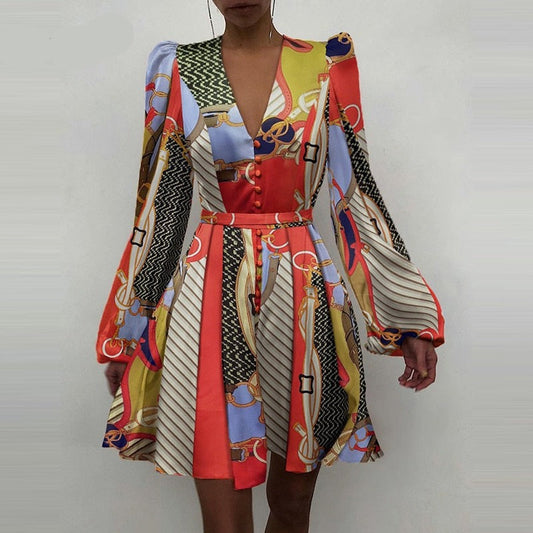 Sixsr Trends  high quality Spring New Women Sexy V Neck Letters Print Fashion Short Dresses Casual Satin Slim Lantern Sleeves Zipper Elegant Party Vestidos