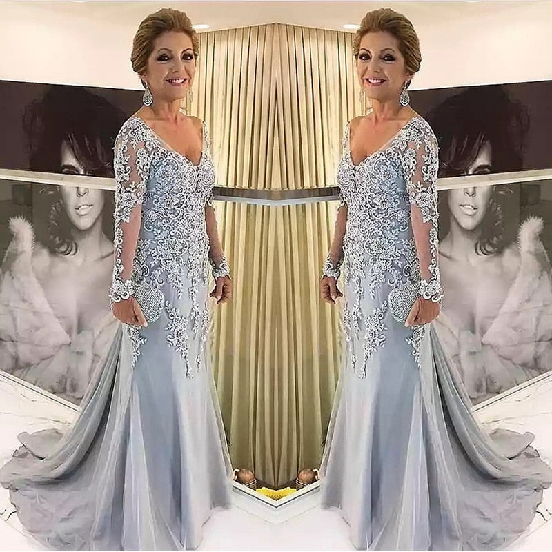 sixsr Elegant Silver Long Sleeves Mother Of The Bride Clothes V Neck Bride Patin Evening Dress Wedding Party Guest Clothes New
