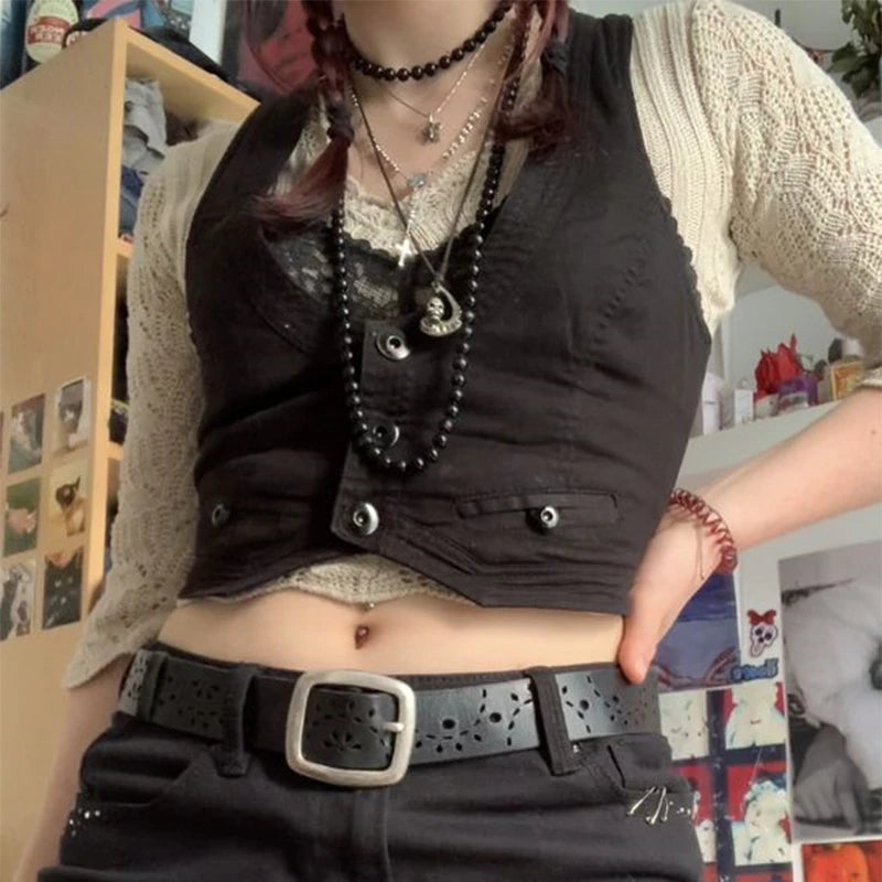 Sixsr y2k Button Corset Top Black Sleeveless Tank Tops Skinny V Neck Aesthetic Punk Crop Top Grunge Fairycore Women Vests