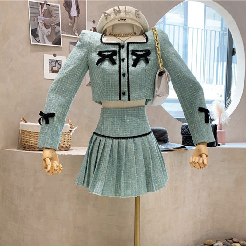 sixsr Small Fragrance Tweed 2 Piece Set Women Bow Short Jacket Coat + Skirt Suits Korean Sweet Outfits French Vintage Two Piece Sets