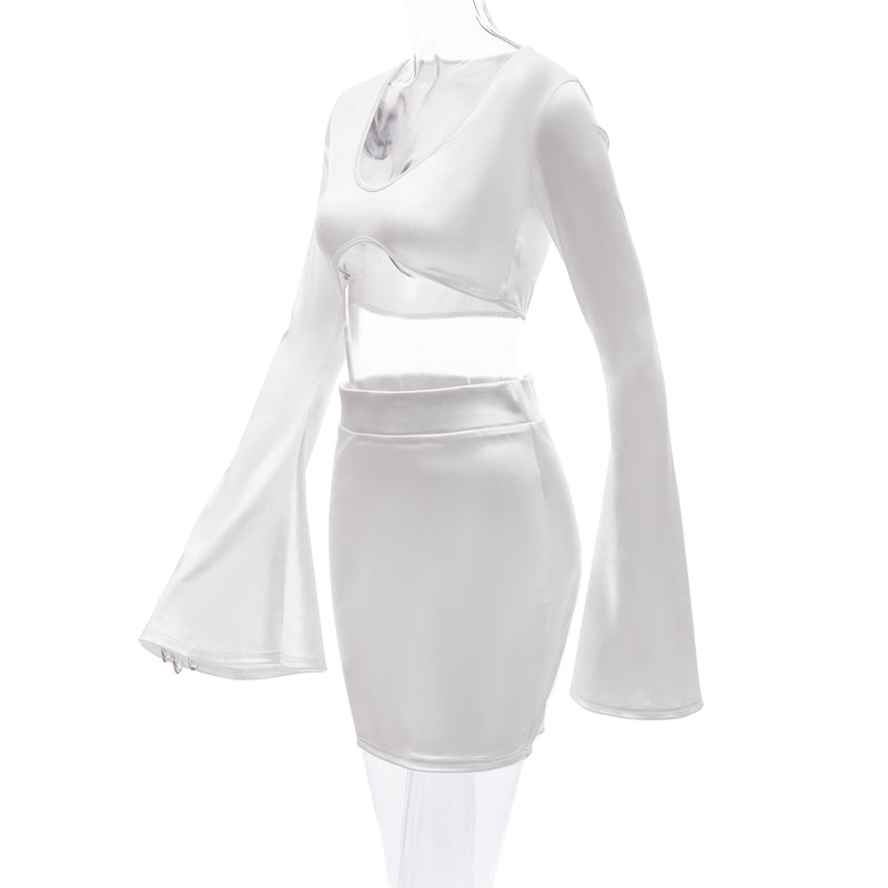 Sixsr Satin Flare Long Sleeve 2 Two Piece Matching Set Women Crop Top Skirt Autumn Winter Birthday Fashion Sexy Clothes