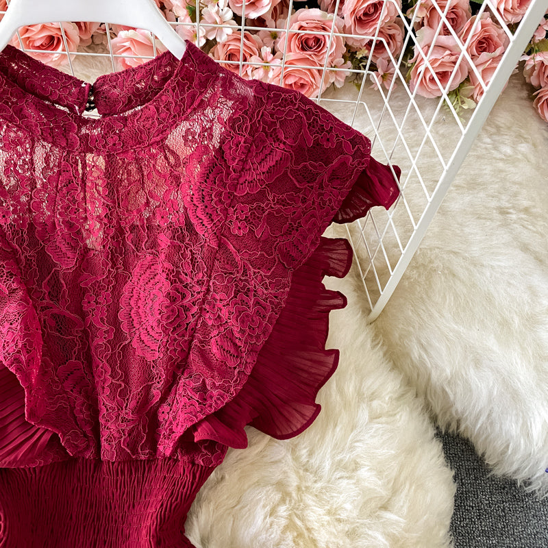 Sixsr Vintage Purple/Green/Red Lace Midi Dress Women Sweet Round Neck Ruffle Vestidos Female High Waist Slim Robe Spring Autumn