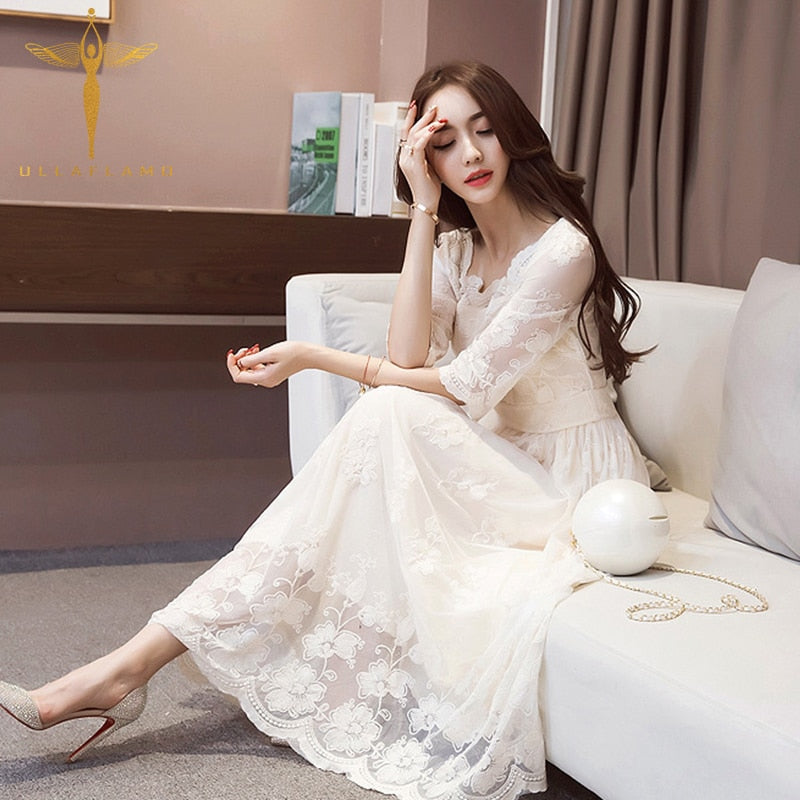 sixsr Fashion Trends Sexy Lace Ruffled Hollow Out See Through Evening Party Dress Elegant Temperament Mesh Solid Nightclub Splice Robes Vestidos