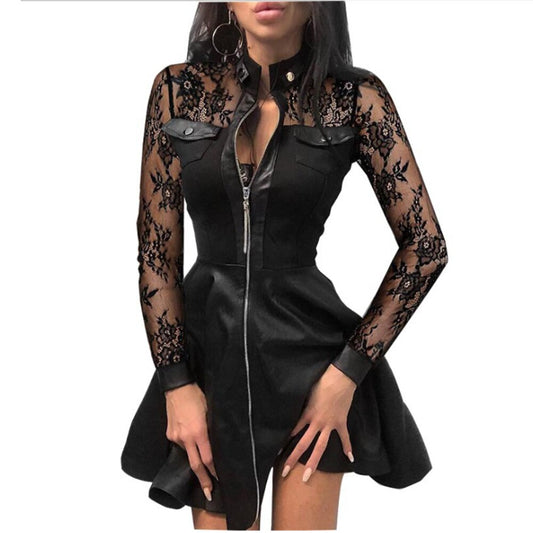 Sixsr Women Plus Size 5XL Summer Lace Sleeve PU Faux Leather Mini Dress V-Neck Zipper Party Dress Sexy Bodydon Dress