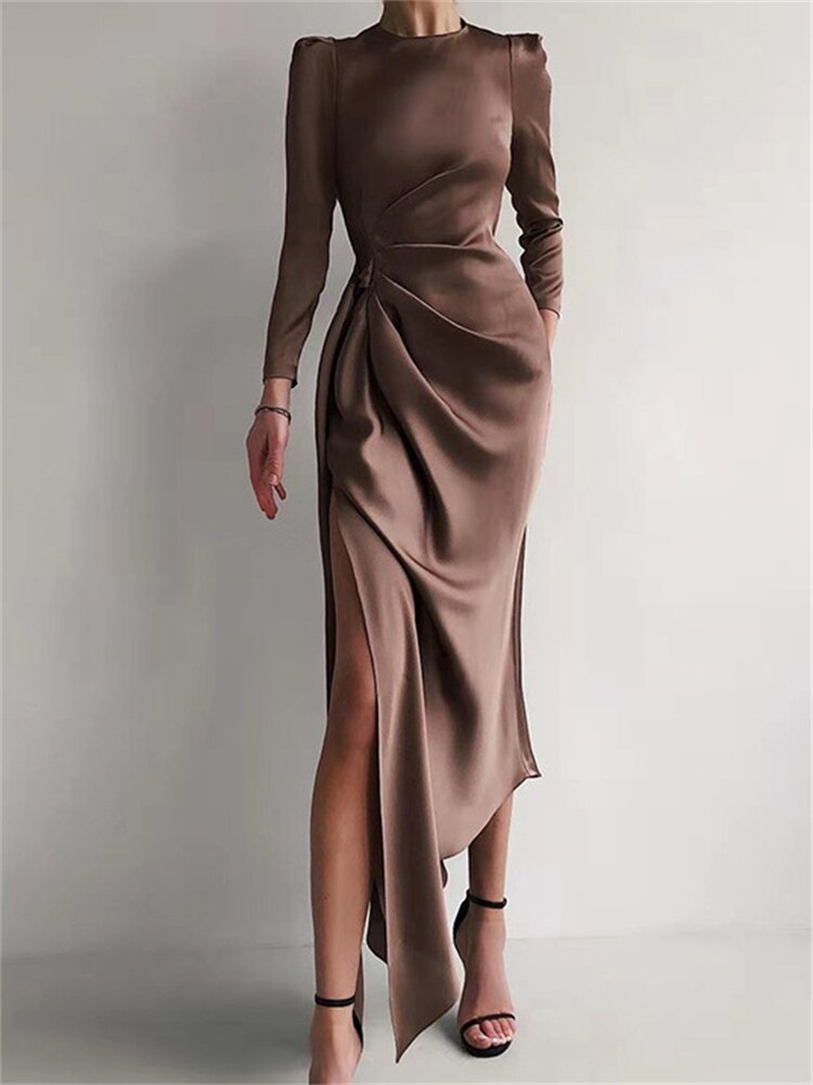 Sixsr Long Sleeve O Neck Satin Split Women Maxi Dress Autumn Winter Fashion Sexy Elegant Party Club Women's Dresses