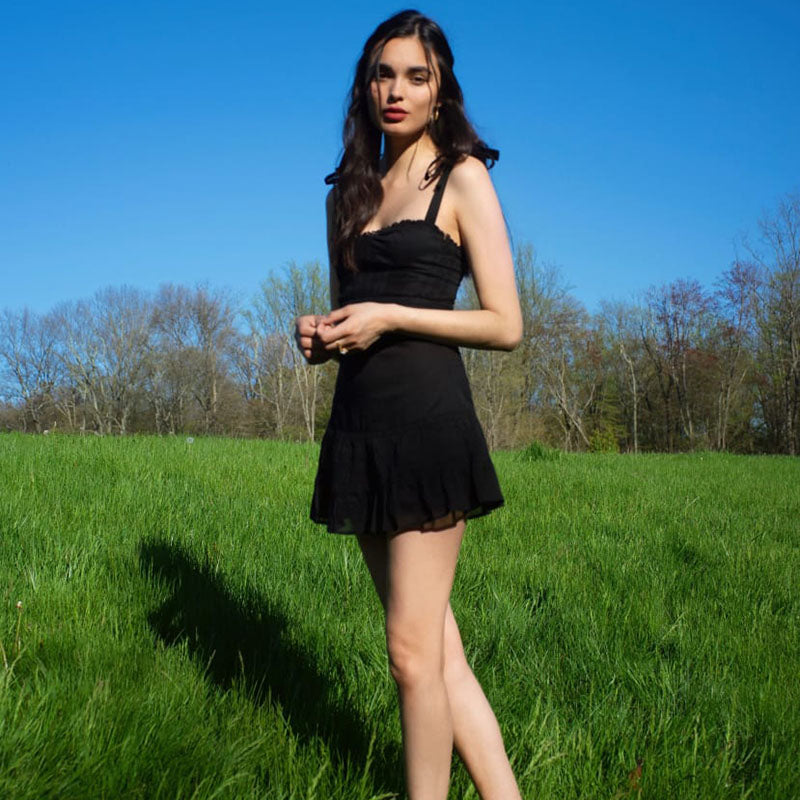 Sixsr Sweetown Dark Academia Gothic Dresses Women Chiffon Ruffles Black E Girl Clothes Sleeveless V Neck Lace Up Mini Dress Summer