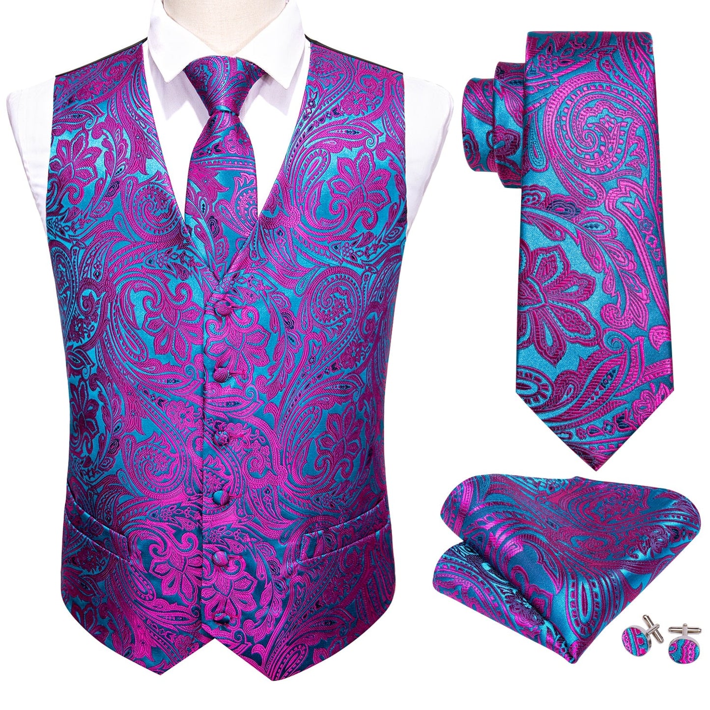 Sixsr 4PC Mens Extra Silk Vest Party Wedding Gold Paisley Solid Floral Waistcoat Vest Pocket Square Tie Suit Set Barry.Wang BM-2017