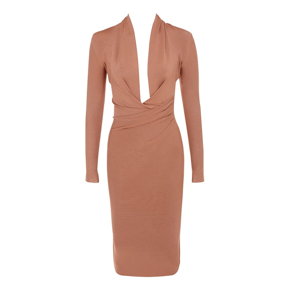 Sixsr New Summer Deep V Neck Women Bandage Dress Full Sleeves Celebrity Bodycon Dress Sexy Club Vestidos Evening Party Dresses