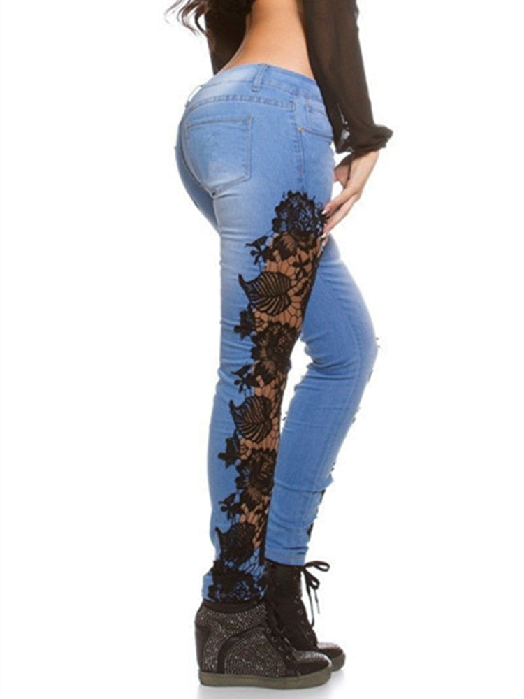 Plus Size 3XL Lace Floral Crochet Hollow-Out Jeans Autumn Women Elegant Sexy Denim Pencil