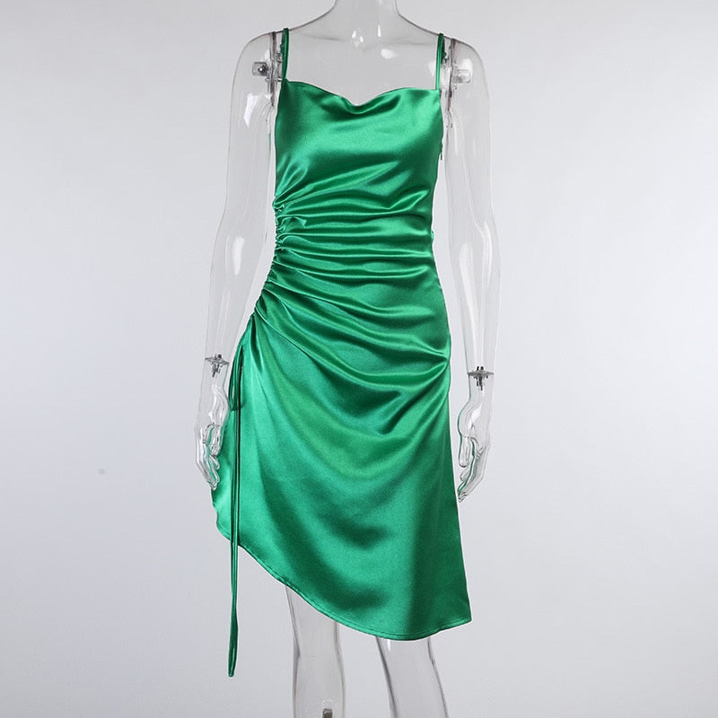 Sixsr Satin Side Split Ruched Women's Dress Sleeveless Square Collar Party Dresses Solid Elegant Clubwear Evening Vestidos